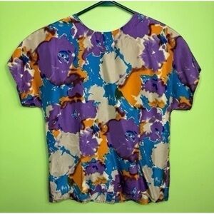 Tribout 100% silk super lightweight colorful artsy padded shoulders blouse sz 4